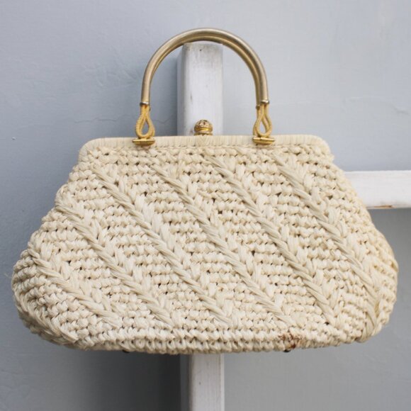 Vintage 50s / 60s Cream Raffia Woven Gold Accent Metal Cocktail Party Handbag - Picture 2 of 6